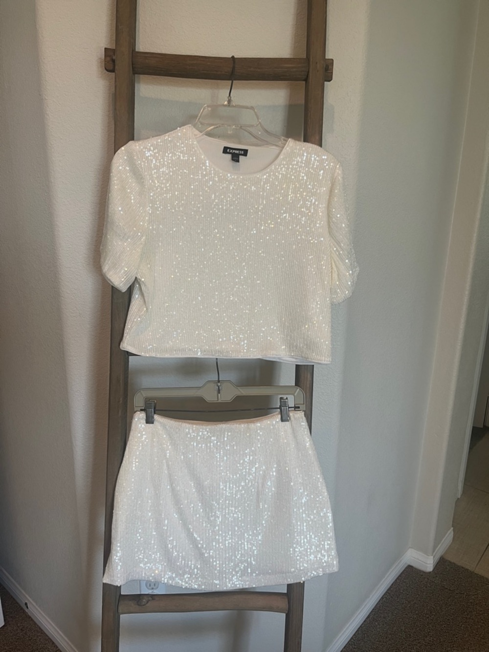 Express White Sequin Crop Top and Mini Skort Set